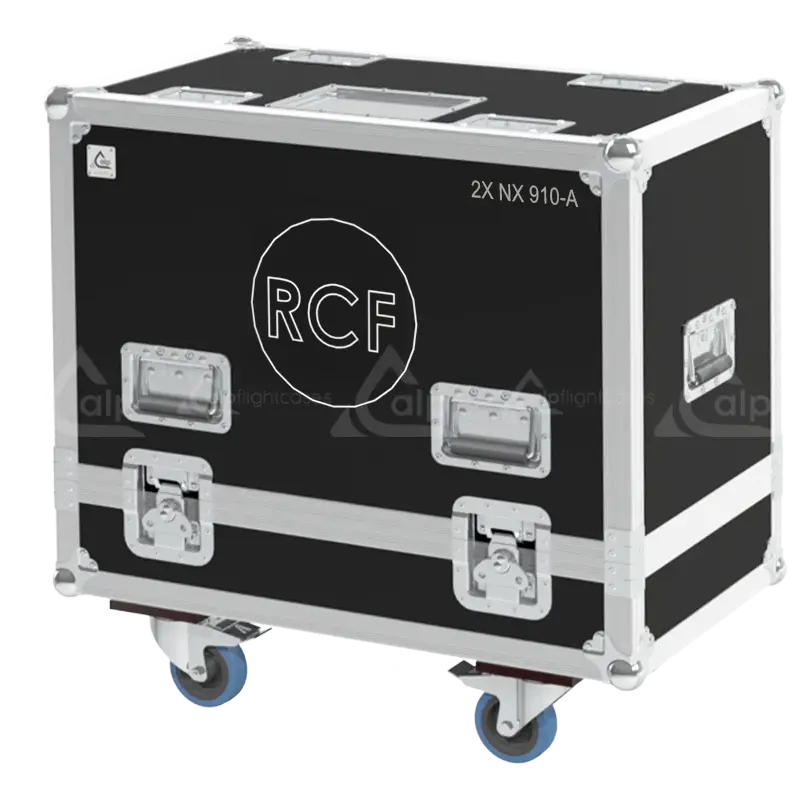 Front view of the professional flight case for 2x RCF NX 910-A active speakers by ALP Flight Cases