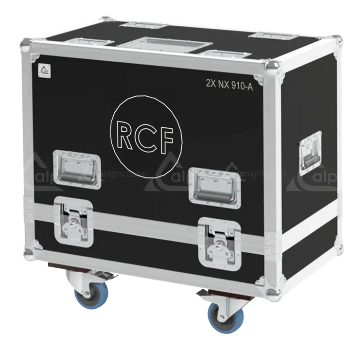 Front view of the professional flight case for 2x RCF NX 910-A active speakers by ALP Flight Cases