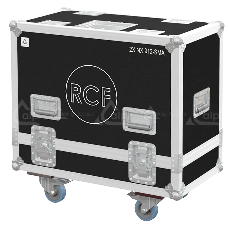 Front view of the professional flight case for 2x RCF NX 912-SMA stage monitors by ALP Flight Cases