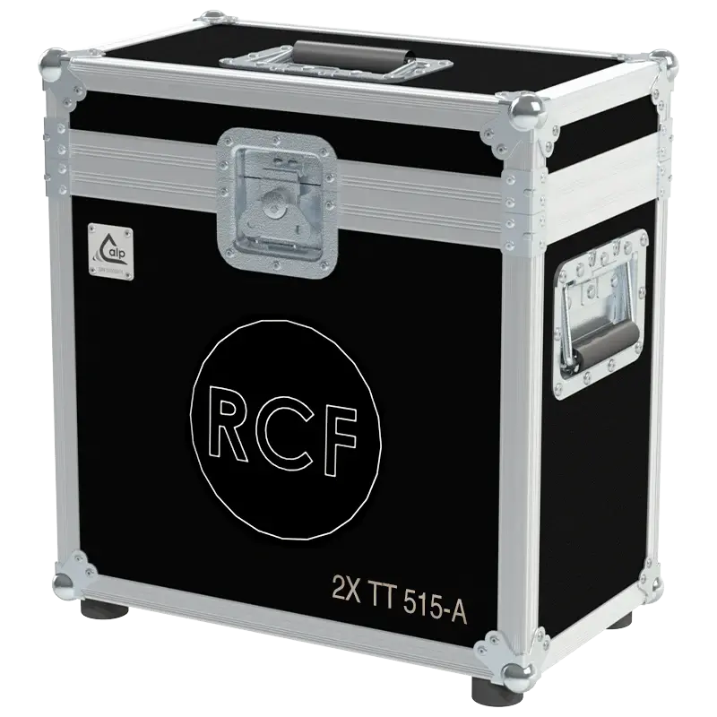 Front view of the professional flight case for 2x RCF TT 515-A active speakers by ALP Flight Cases