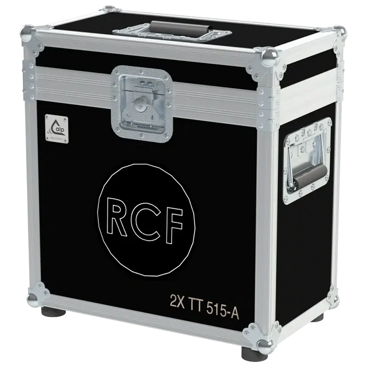Front view of the professional flight case for 2x RCF TT 515-A active speakers by ALP Flight Cases