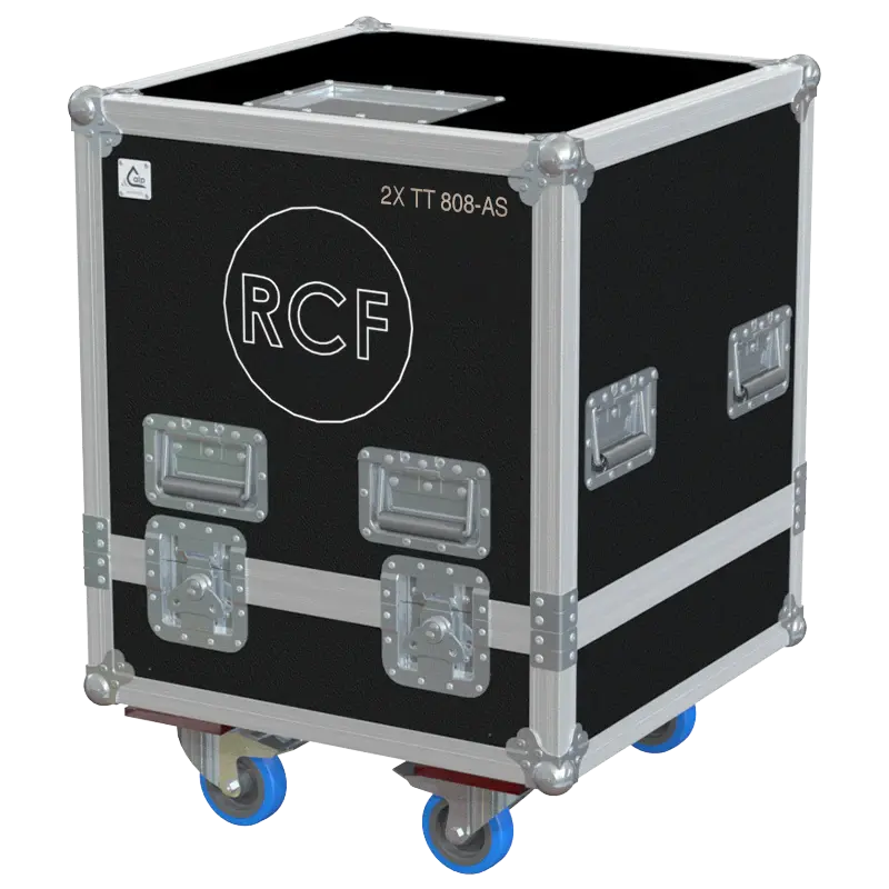Front view of the professional flight case for 2x RCF TT 808-AS active subwoofers by ALP Flight Cases