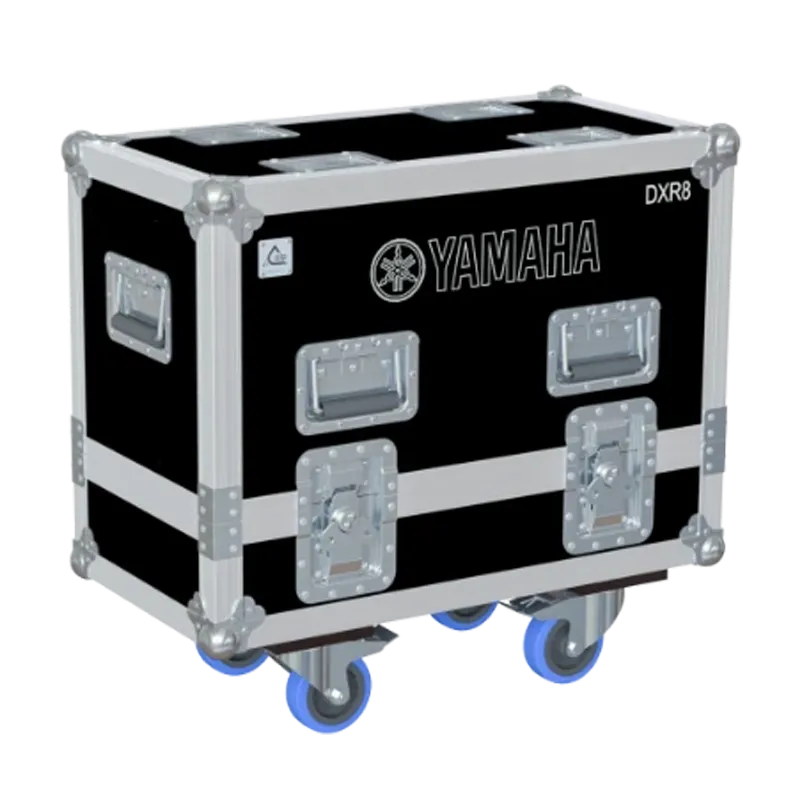 Front view of the professional twin touring flight case for 2x Yamaha DXR8 active speakers by ALP Flight Cases