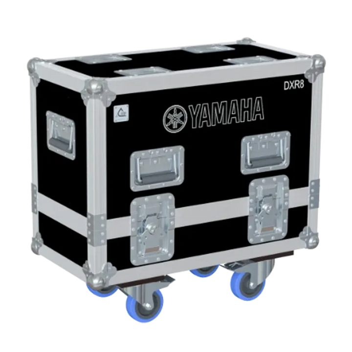 Front view of the professional twin touring flight case for 2x Yamaha DXR8 active speakers by ALP Flight Cases