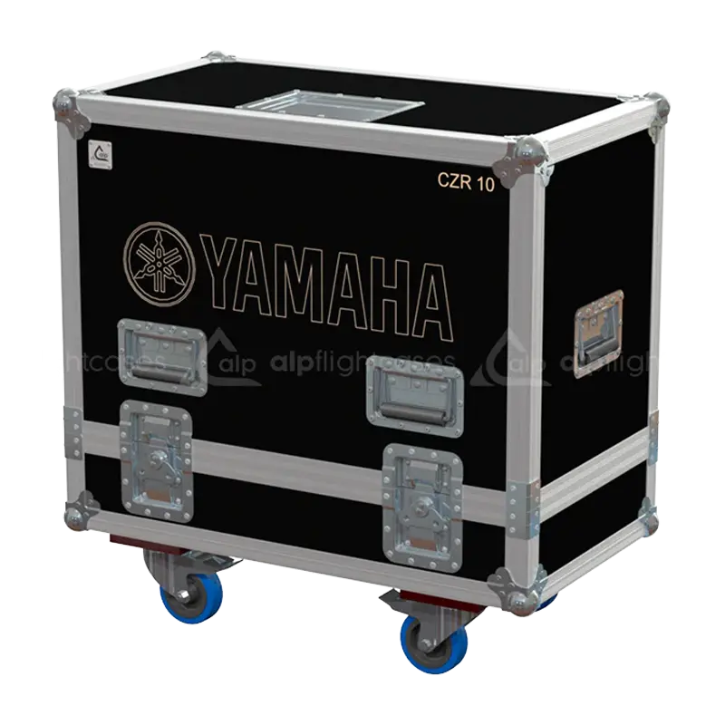 Front view of the professional flight case for 2x Yamaha DZR10 / CZR10 speakers by ALP Flight Cases