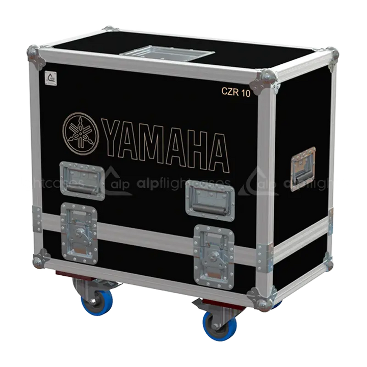 Front view of the professional flight case for 2x Yamaha DZR10 / CZR10 speakers by ALP Flight Cases