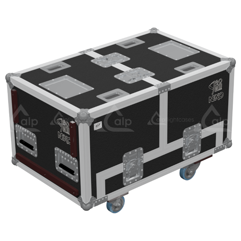 Front view of the professional triple touring flight case for 3x NEXO GEO M10 V2 line array modules by ALP Flight Cases