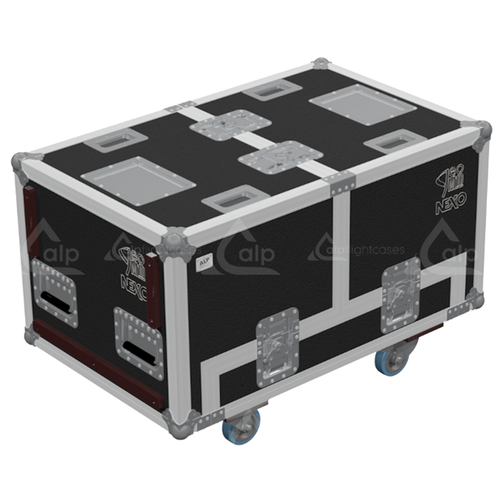Front view of the professional triple touring flight case for 3x NEXO GEO M10 V2 line array modules by ALP Flight Cases