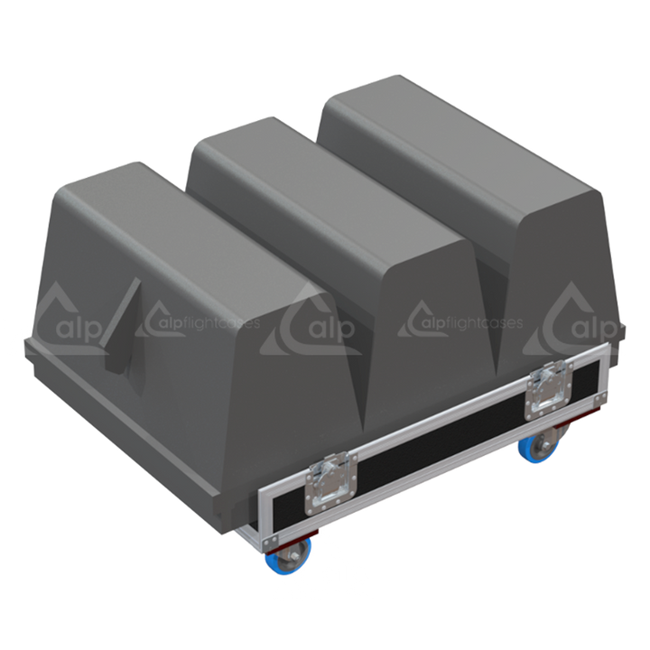 Three NEXO GEO M12 line array modules safely secured inside the custom flight case for professional rental