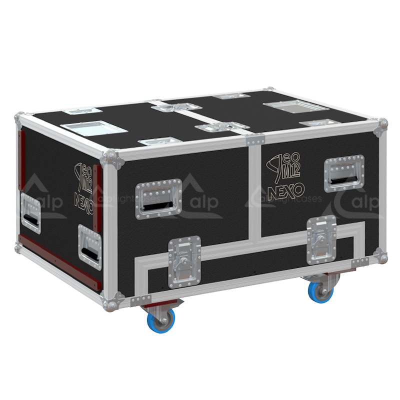 Front view of the professional triple touring flight case for 3x NEXO GEO M12 line array modules by ALP Flight Cases