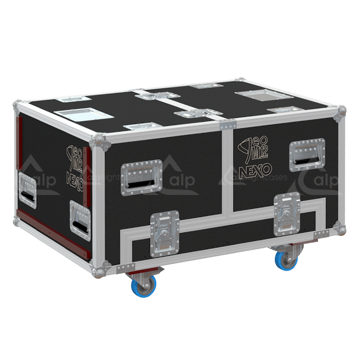 Front view of the professional triple touring flight case for 3x NEXO GEO M12 line array modules by ALP Flight Cases