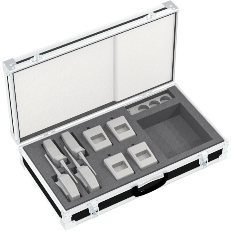 Four Baofeng walkie talkies with charger bases securely stored in custom foam inside professional transport flight case
