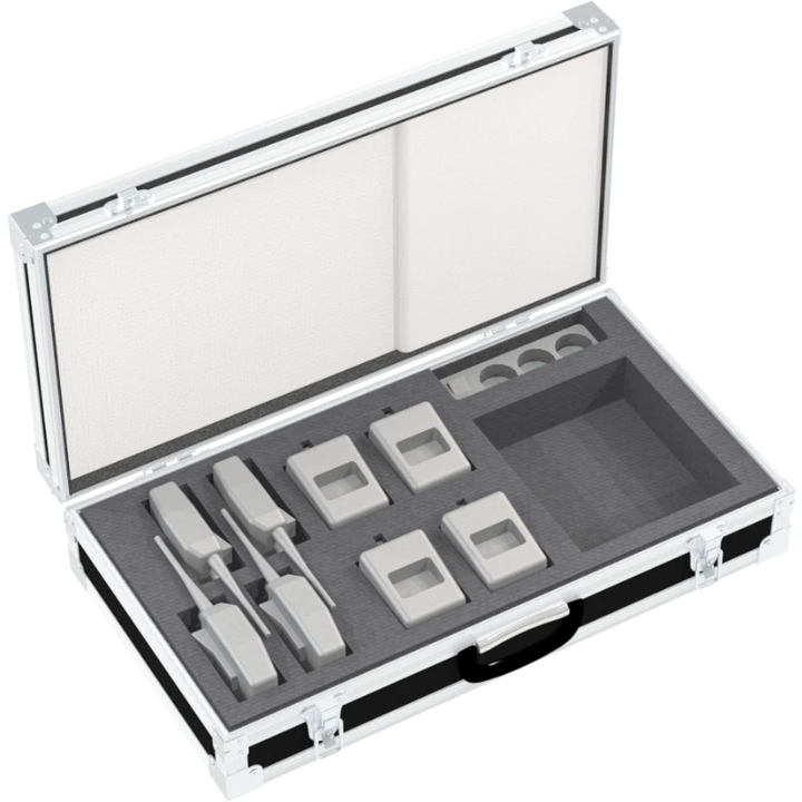 Four Baofeng walkie talkies with charger bases securely stored in custom foam inside professional transport flight case