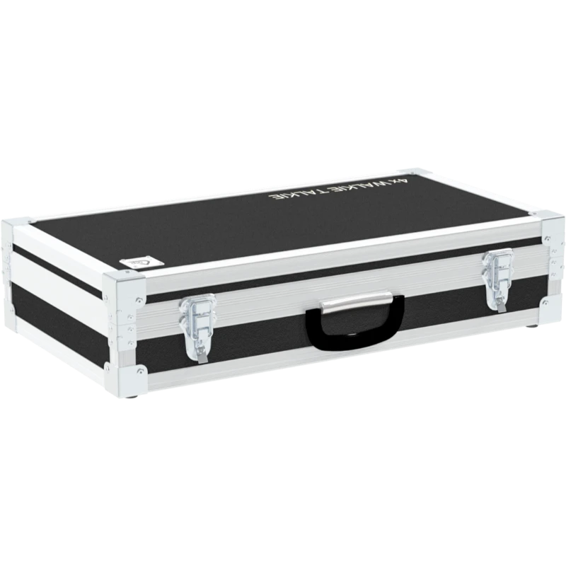Front view of custom flight case for 4 Baofeng walkie talkies with charger bases and professional protective construction