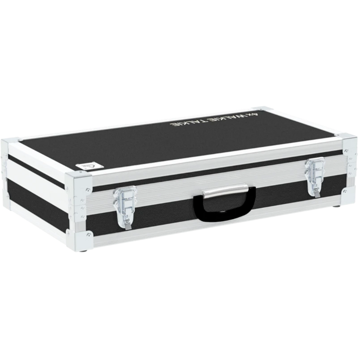 Front view of custom flight case for 4 Baofeng walkie talkies with charger bases and professional protective construction