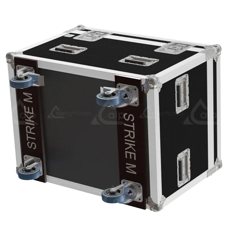 Close-up of the professional butterfly latches and 100mm heavy-duty wheels on the ALP lighting series