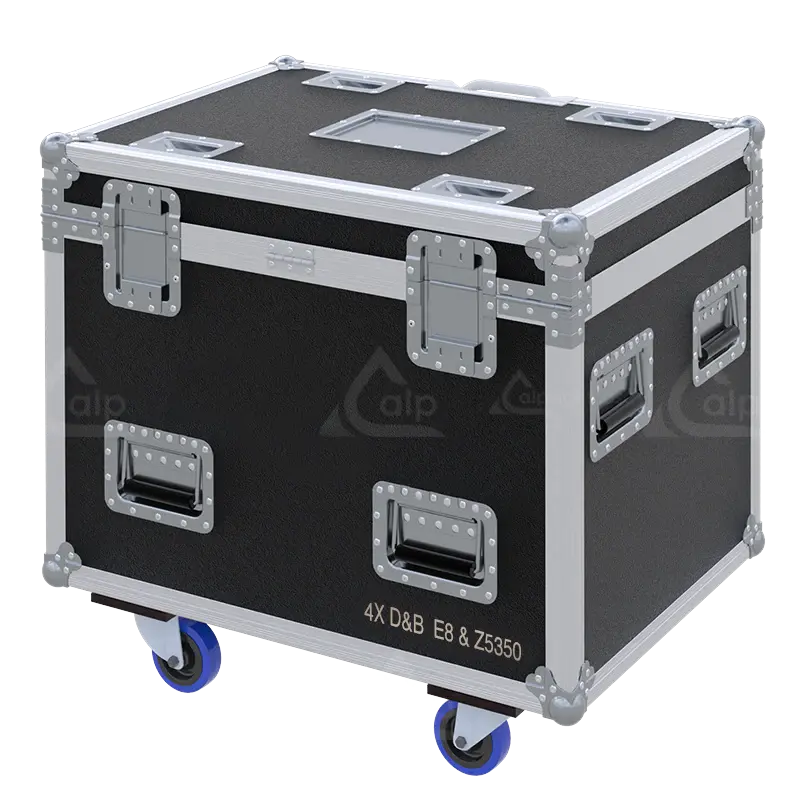 Rear view of the d&b E8 flight case showing 10mm birch plywood and reinforced touring hardware