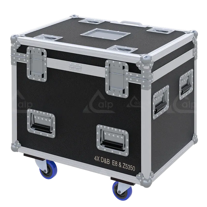 Rear view of the d&b E8 flight case showing 10mm birch plywood and reinforced touring hardware