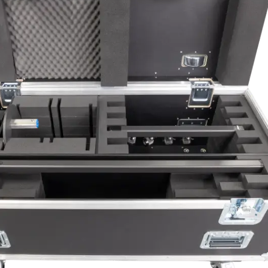 Close-up of the ventilation dishes, Powercon sockets and industrial butterfly latches on the ALP logistics series