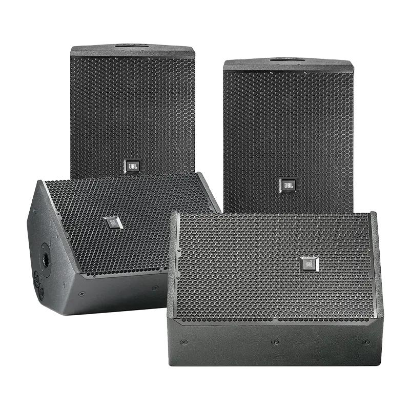 Flight case open showing four JBL VTX F12 speakers securely nested in a custom high-density foam grid