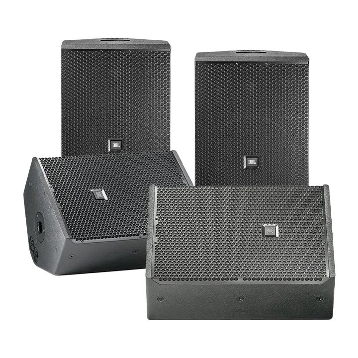 Flight case open showing four JBL VTX F12 speakers securely nested in a custom high-density foam grid