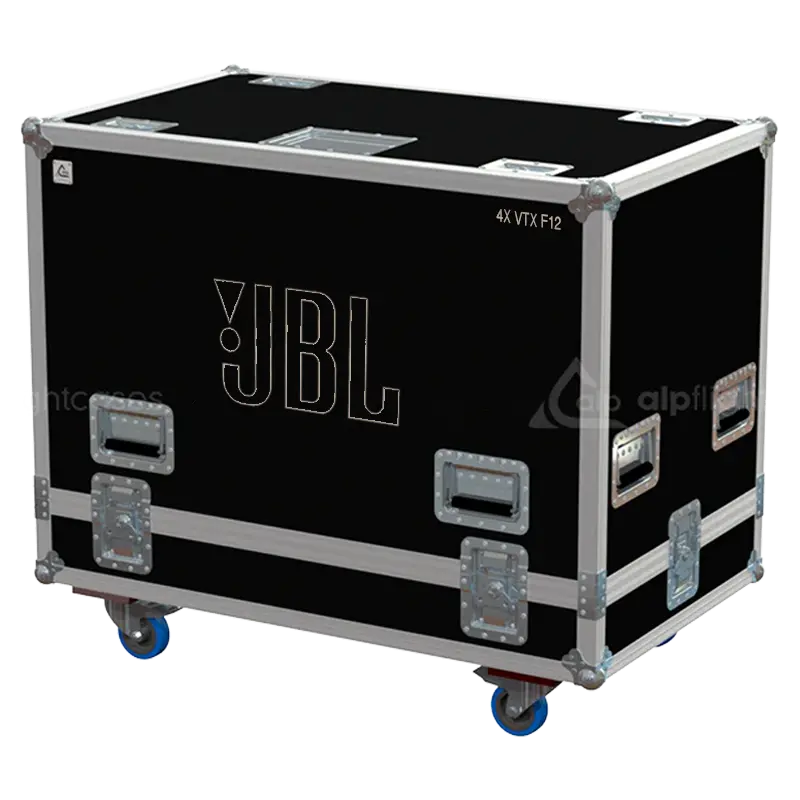 Front view of the professional flight case for 4x JBL VTX F12 high-performance monitors by ALP Flight Cases