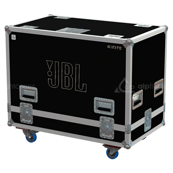 Front view of the professional flight case for 4x JBL VTX F12 high-performance monitors by ALP Flight Cases