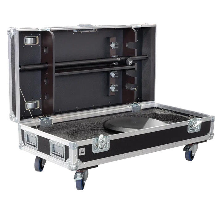 Four K&M 26735 speaker stands with round bases safely secured inside the custom flight case for rental