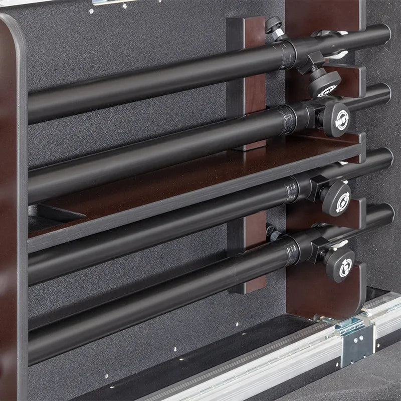 Close-up of the recessed butterfly latches, spring-loaded handles, and 100mm castors on the K&M stand case