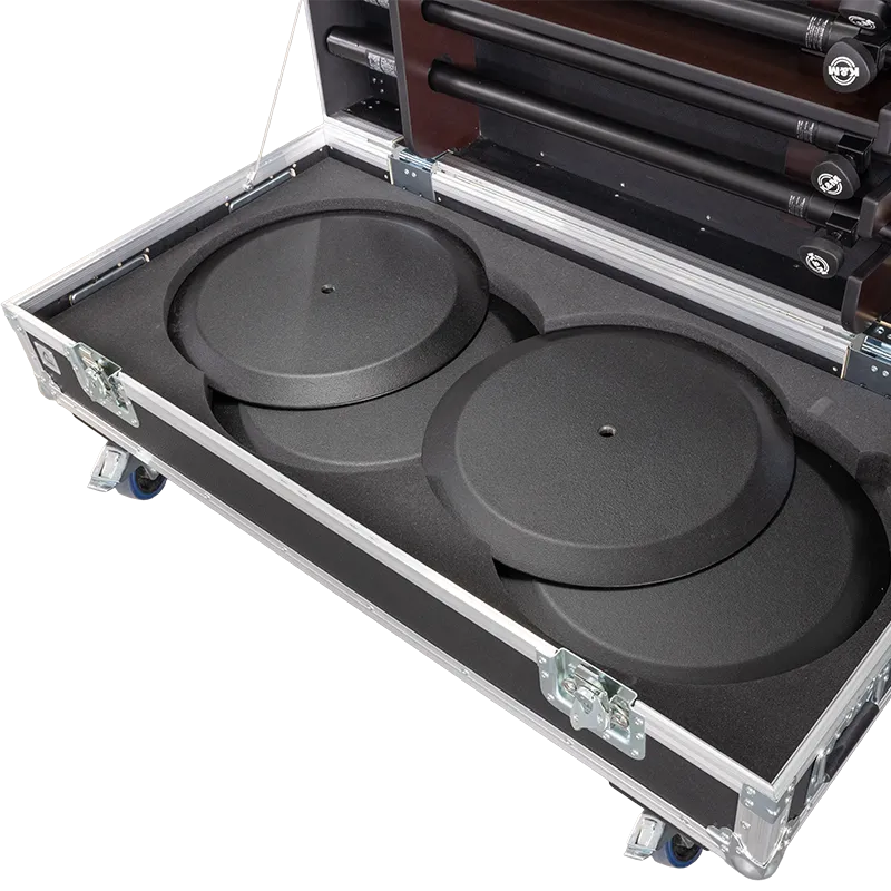 Close-up of the recessed butterfly latches, spring-loaded handles, and 100mm castors on the K&M stand case