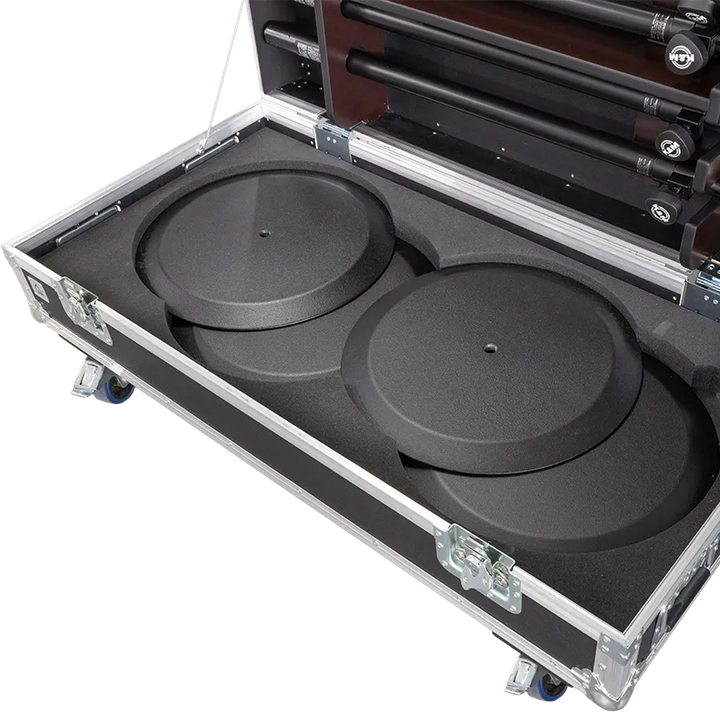 Close-up of the recessed butterfly latches, spring-loaded handles, and 100mm castors on the K&M stand case