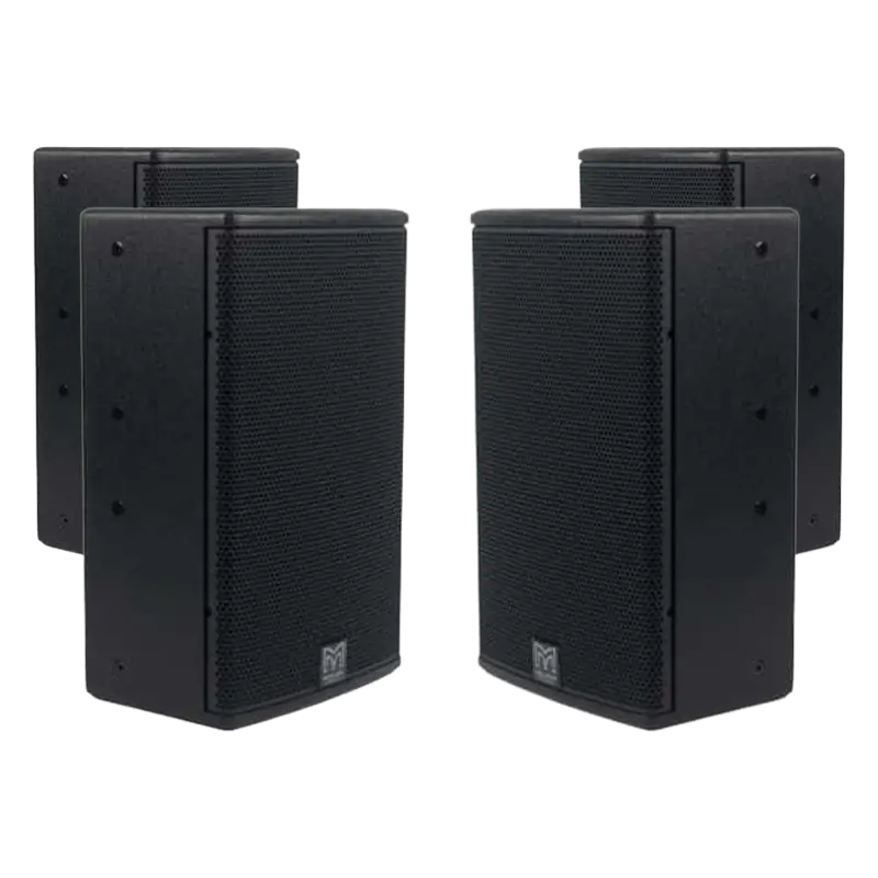 Flight case open showing four Martin Audio Blackline X8 speakers securely nested in a custom CNC foam grid