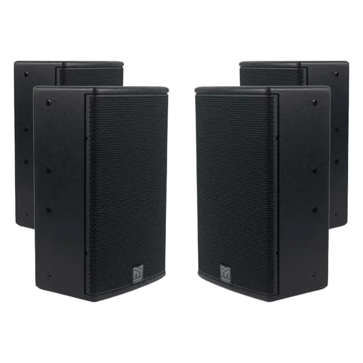 Flight case open showing four Martin Audio Blackline X8 speakers securely nested in a custom CNC foam grid