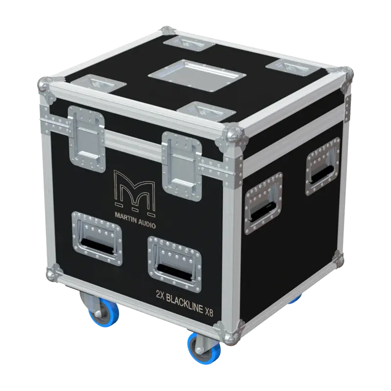 Rear view of the Martin Audio Blackline X8 flight case showing 10mm birch plywood and reinforced hardware