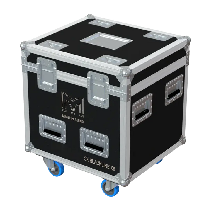 Rear view of the Martin Audio Blackline X8 flight case showing 10mm birch plywood and reinforced hardware