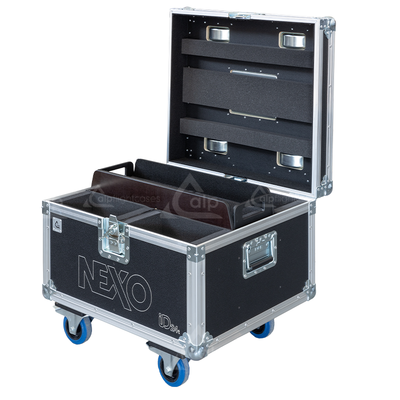 Empty interior of the flight case for 4x NEXO ID24 showing precision CNC-cut foam for high-density protection