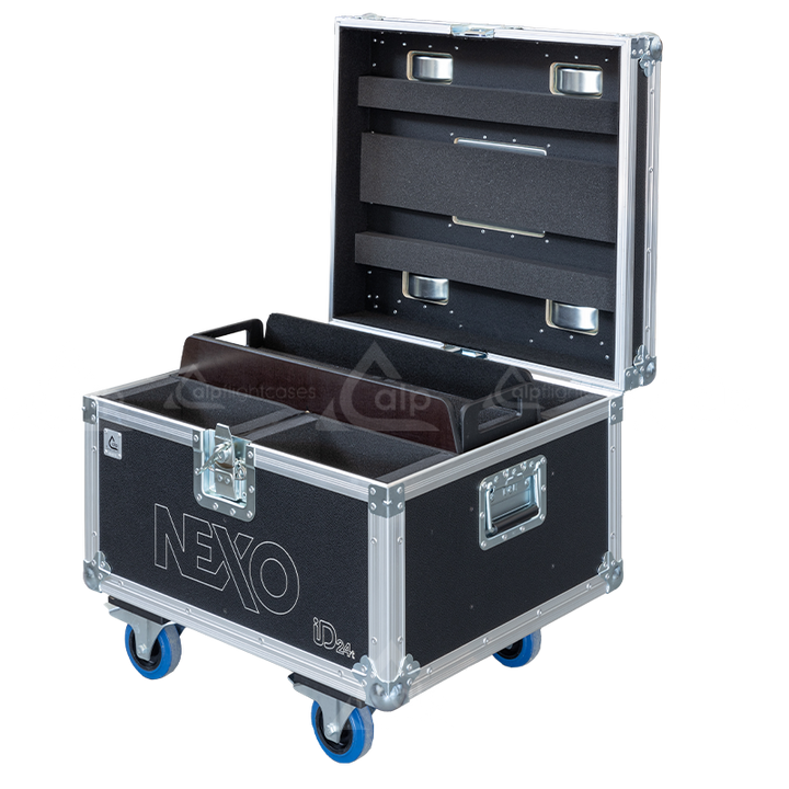 Empty interior of the flight case for 4x NEXO ID24 showing precision CNC-cut foam for high-density protection