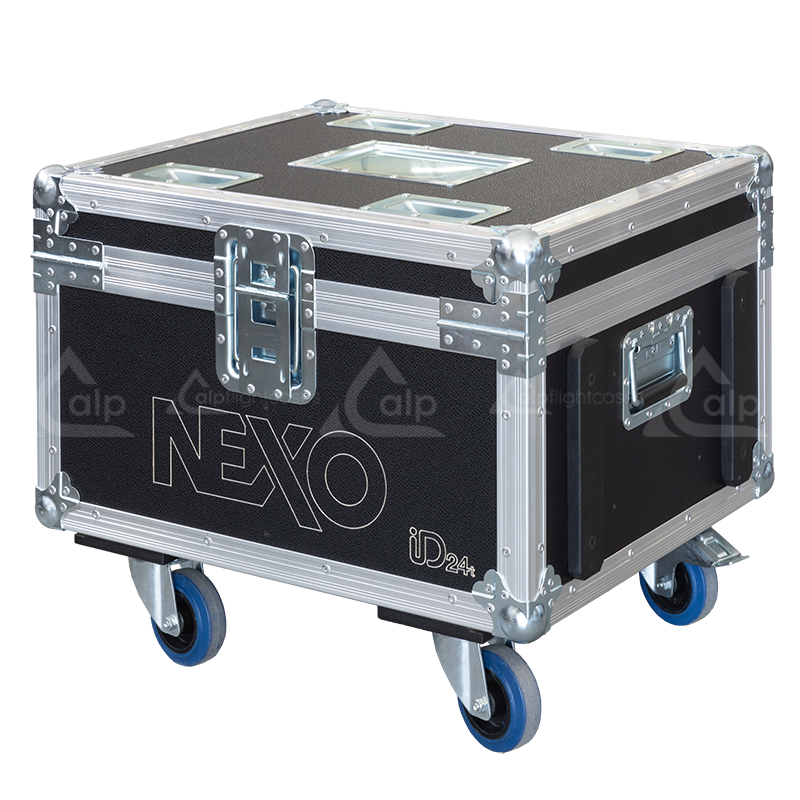 Rear view of the road case for NEXO ID24 showing heavy-duty hardware and 10mm birch plywood construction
