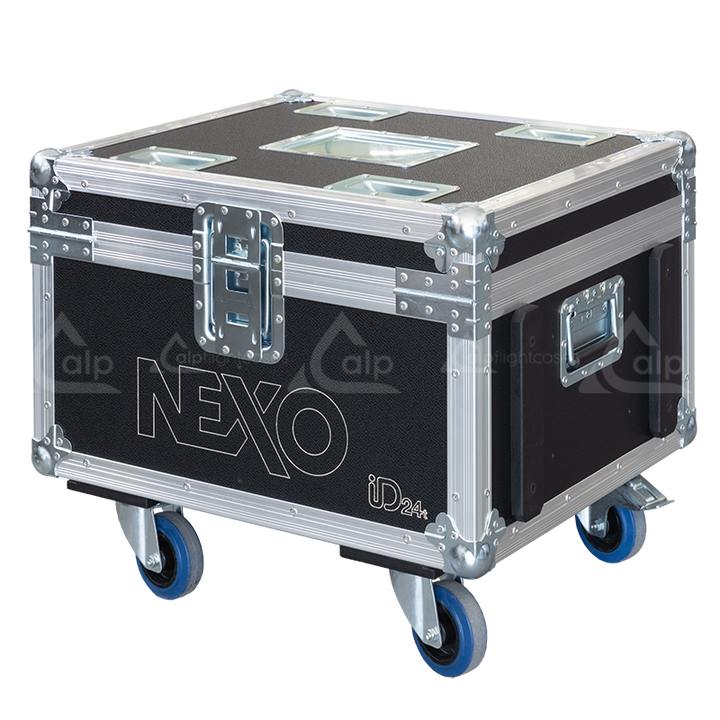 Rear view of the road case for NEXO ID24 showing heavy-duty hardware and 10mm birch plywood construction