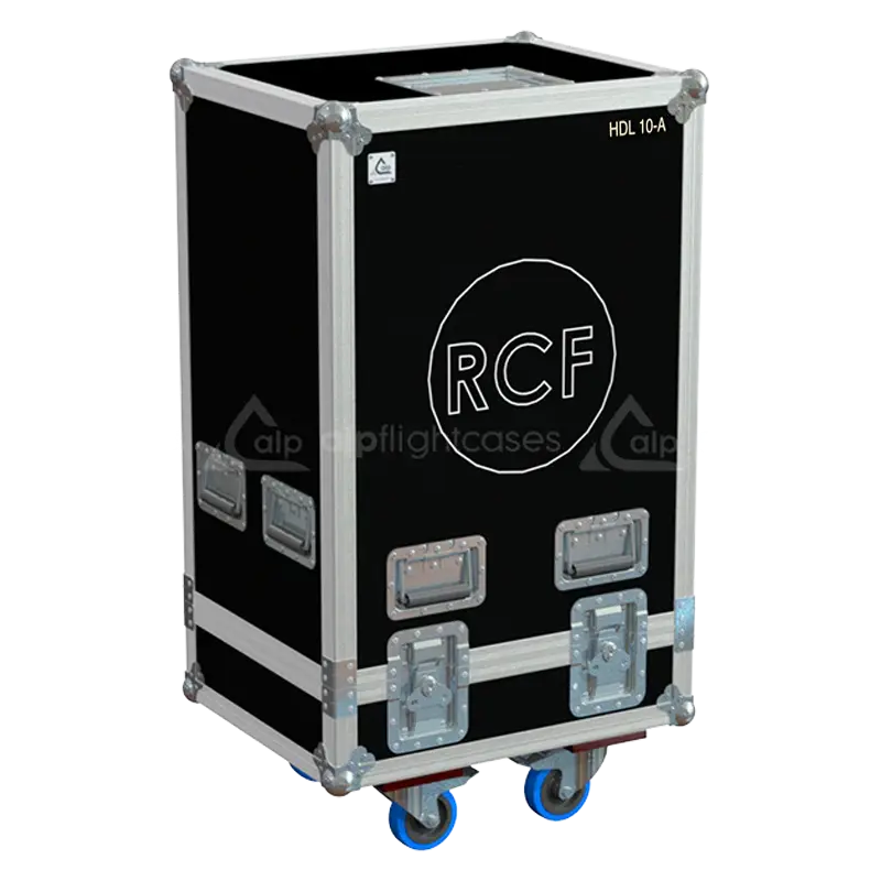 Front view of the professional four-pack flight case for 4x RCF HDL 10-A line array modules by ALP Flight Cases