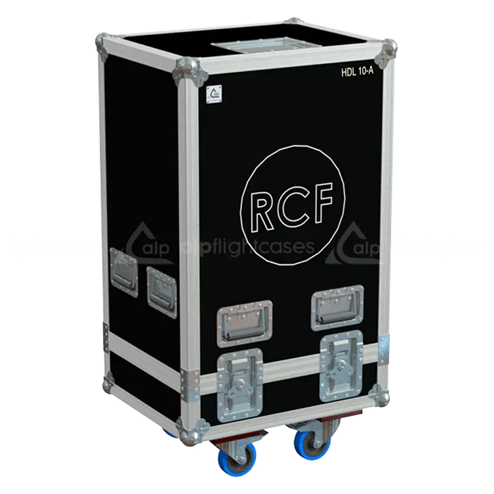 Front view of the professional four-pack flight case for 4x RCF HDL 10-A line array modules by ALP Flight Cases