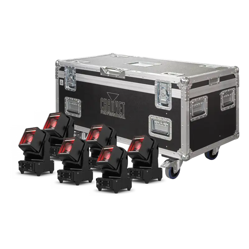 Exterior front view of the 6X Chauvet Colorado PXL Curve 1 flight case featuring 10mm birch plywood and heavy-duty 100mm wheels