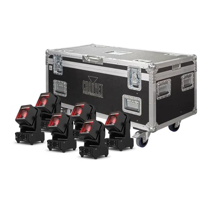 Exterior front view of the 6X Chauvet Colorado PXL Curve 1 flight case featuring 10mm birch plywood and heavy-duty 100mm wheels