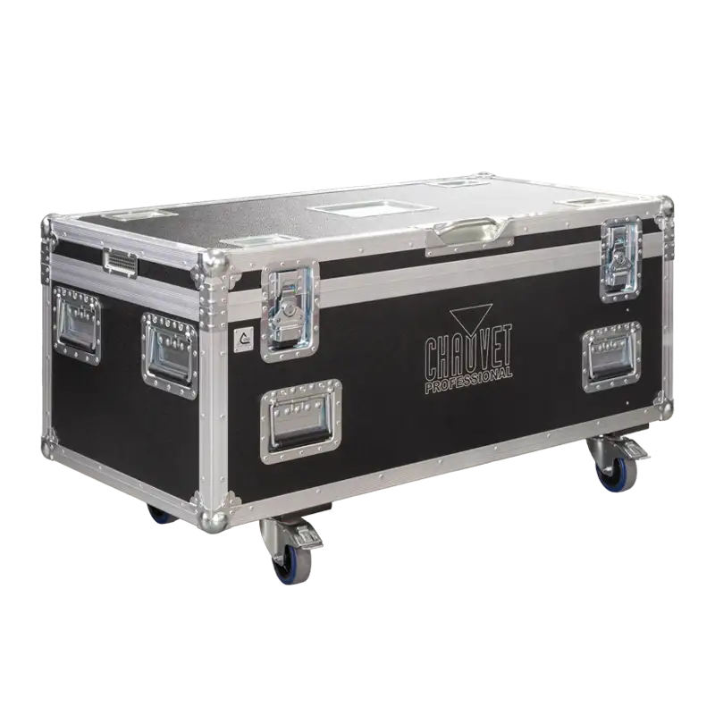 Exterior front view of the 6X Chauvet Colorado PXL Curve 1 flight case featuring 10mm birch plywood and heavy-duty 100mm