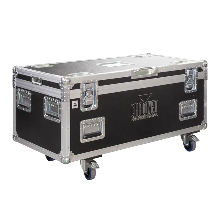 Exterior front view of the 6X Chauvet Colorado PXL Curve 1 flight case featuring 10mm birch plywood and heavy-duty 100mm