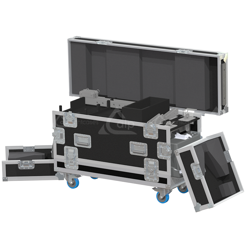 Six NEXO ID S110 subwoofers safely secured inside the custom high-density flight case for professional rental