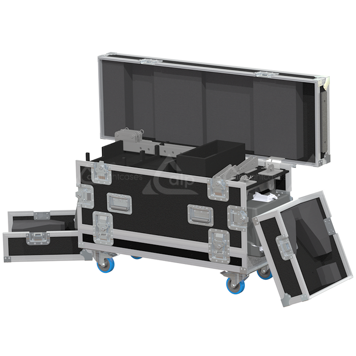 Six NEXO ID S110 subwoofers safely secured inside the custom high-density flight case for professional rental