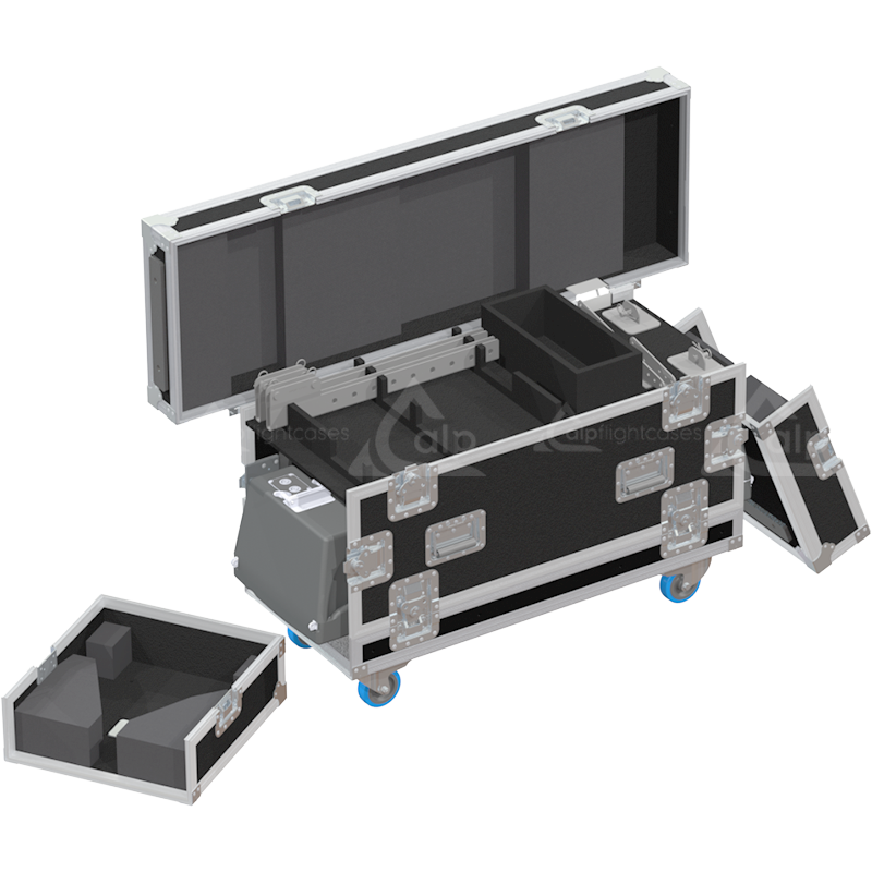 Six NEXO ID S110 subwoofers safely secured inside the custom high-density flight case for professional rental