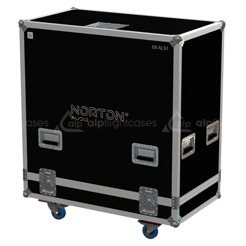 Front view of the professional six-pack flight case for 6x Norton Audio ALS1 line array modules by ALP Flight Cases