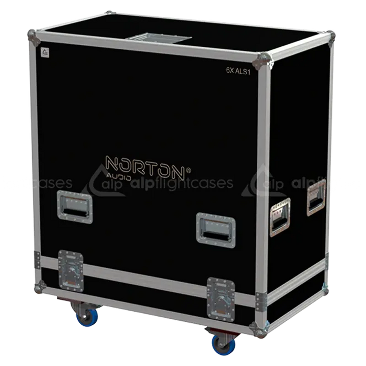 Front view of the professional six-pack flight case for 6x Norton Audio ALS1 line array modules by ALP Flight Cases
